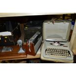 A GROUP OF RADIO'S, TYPEWRITERS, CAMERAS, ETC, including a Roberts R404 radio with envelope of