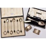 A SELECTION OF SILVER ITEMS, to include a cased set of six coffee spoons, each set with a wooden