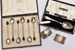 A SELECTION OF SILVER ITEMS, to include a cased set of six coffee spoons, each set with a wooden