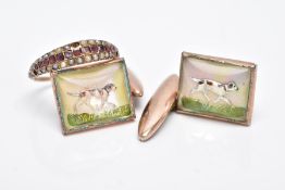 A PAIR OF ESSEX CRYSTAL STYLE GILT CUFFLINKS AND A VICTORIAN GARNET AND SPLIT PEARL RING, the