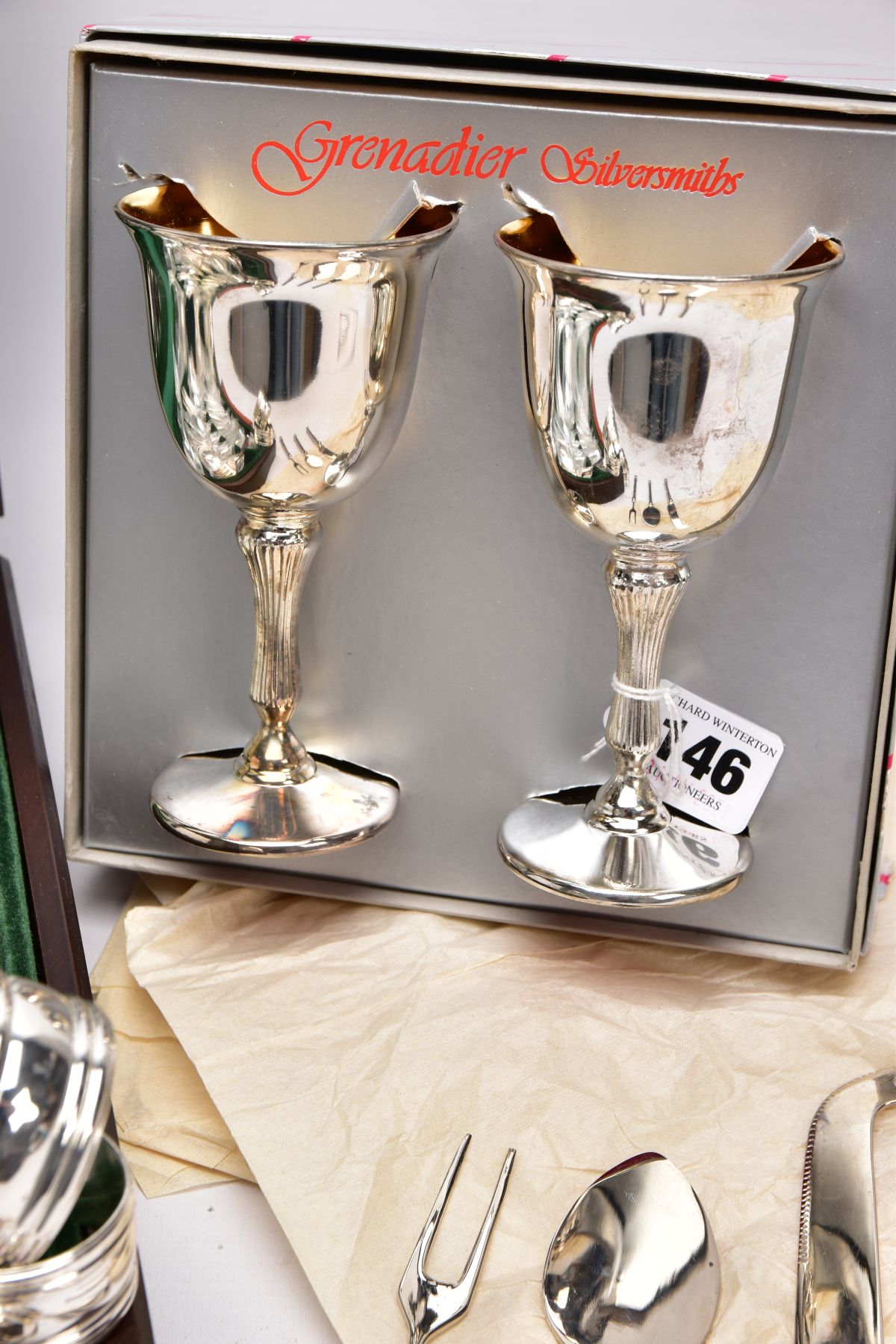 A COMPLETE CANTEEN OF CUTLERY, TWO GOBLETS, SIX NAPKIN RINGS AND A THREE PIECE CUTLERY SET, the - Image 2 of 4