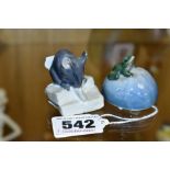 TWO SMALL COPENHAGEN, DENMARK ANIMALS, Frog on a Rock No 061, height 4cm and a mouse on cheese (No