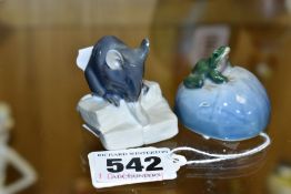 TWO SMALL COPENHAGEN, DENMARK ANIMALS, Frog on a Rock No 061, height 4cm and a mouse on cheese (No