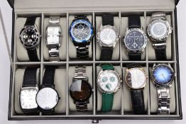 A WATCH DISPLAY CASE WITH WATCHES, a black and glass panelled watch display case, with twelve