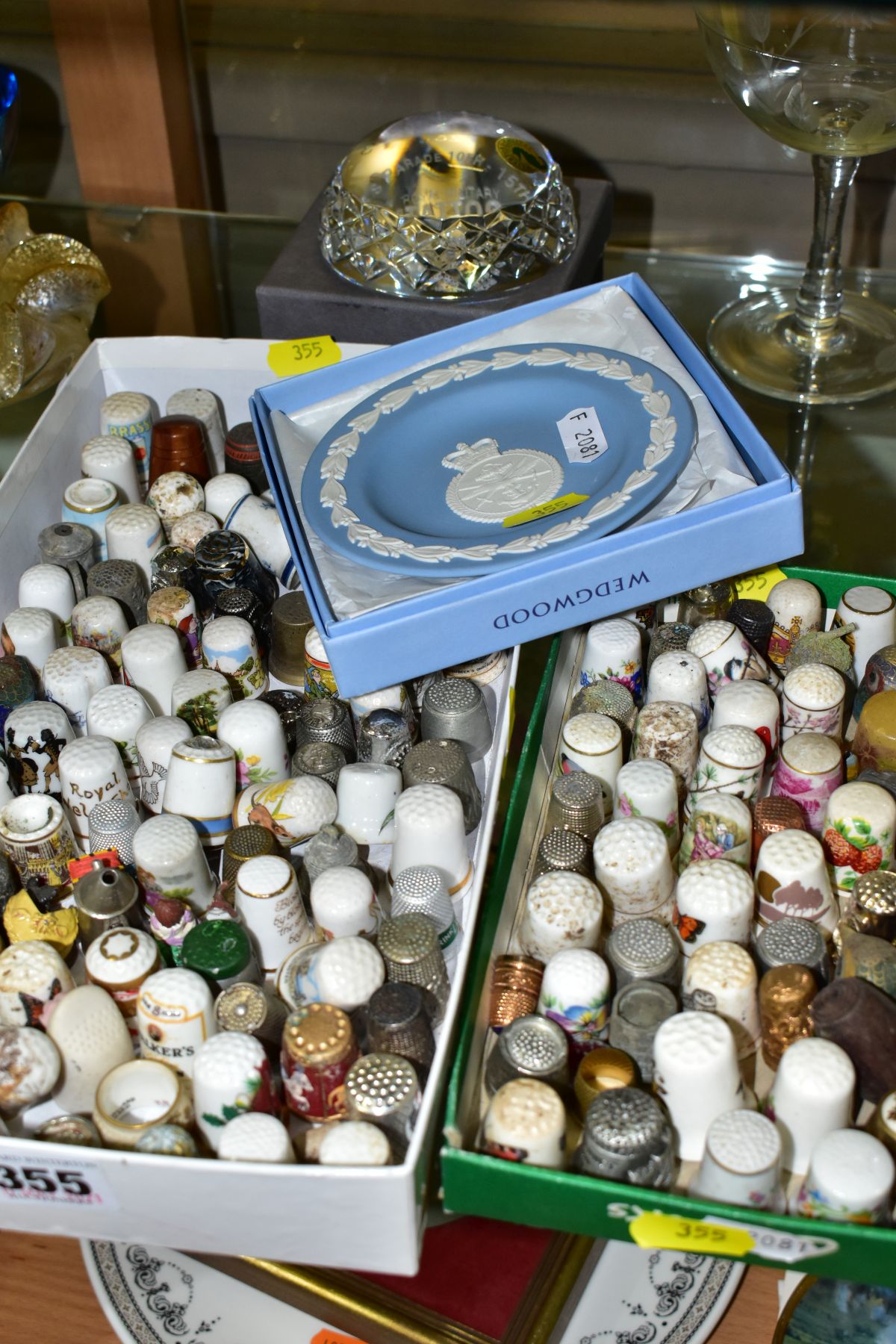 A QUANTITY OF DECORATIVE CERAMIC AND METAL THIMBLES, etc including modern cloisonne bird head