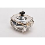AN EDWARDIAN SILVER TEA CADDY, bomb shaped sucrier with hinged cover, gadrooned and shell cast