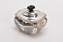 AN EDWARDIAN SILVER TEA CADDY, bomb shaped sucrier with hinged cover, gadrooned and shell cast