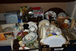FIVE BOXES AND LOOSE CERAMICS AND GLASS ETC, to include Wedgwood green jasperware, Royal Doulton 'My