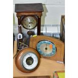 TWO MANTEL CLOCKS AND A BAROMETER, comprising an Edwardian portico mahogany stained mantel clock,