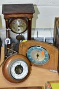 TWO MANTEL CLOCKS AND A BAROMETER, comprising an Edwardian portico mahogany stained mantel clock,