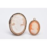 A 9CT GOLD CAMEO PENDANT AND A YELLOW METAL CAMEO BROOCH, the pendant of an oval form, depicting a