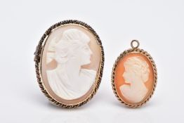 A 9CT GOLD CAMEO PENDANT AND A YELLOW METAL CAMEO BROOCH, the pendant of an oval form, depicting a