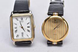 TWO LADIES QUARTZ WRISTWATCHES, the first designed with a round two tone stripped dial signed '