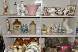 SIX BOXES AND LOOSE CERAMICS AND GLASS etc to include a pair of ceramic figures bearing marks for