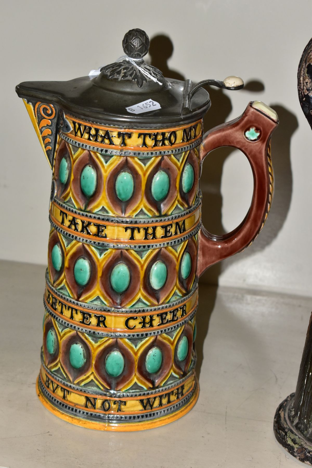 A WEDGWOOD MAJOLICA BEER JUG, having pewter cover 'WHAT THOU MY GATES BE POOR TAKE THEM IN GOOD PART - Image 9 of 12