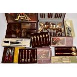 A BOX CONTAINING VARIOUS FLATWARE AND ASSORTED CUTLERY, to include cased silver plated butter