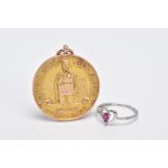 A 9CT GOLD MOUNTED MEDAL AND A 9CT WHITE GOLD RUBY AND DIAMOND RING, the medal of a circular form,