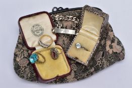 A COLLECTION OF SILVER AND COSTUME JEWELLERY ITEMS, to include a hallmarked silver identity