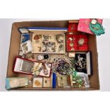 A BOX OF ASSORTED ITEMS, to include a blue velvet jewellery box with contents such as a silver St.