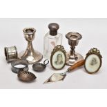 A BOX OF ASSORTED ITEMS, to include an AF silver weighted base dwarf candle, hallmarked