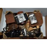 A BOX OF CAMERAS AND BINOCULARS, to include a Rolleicord Compur camera in leather case, an Ensign