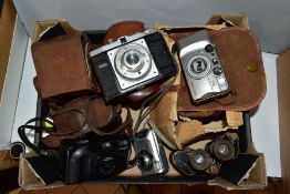 A BOX OF CAMERAS AND BINOCULARS, to include a Rolleicord Compur camera in leather case, an Ensign