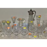 A SMALL QUANTITY OF CLEAR AND COLOURED GLASSWARE, including an Edinburgh Crystal vase, height 25.