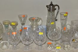 A SMALL QUANTITY OF CLEAR AND COLOURED GLASSWARE, including an Edinburgh Crystal vase, height 25.