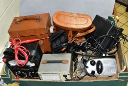 A BOX OF CASED AND LOOSE BINOCULARS, ELECTRICAL METERS, COINS, ETC, including a mid 20th century