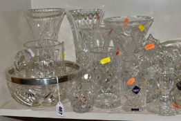 A GROUP OF CUT AND COLOURED GLASSWARES, to include a silver rimmed bowl, diameter 21cm, a Royal