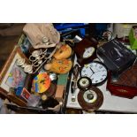 TWO BOXES AND LOOSE SUNDRY ITEMS, to include various clocks (London Clock Company, quartz mantel
