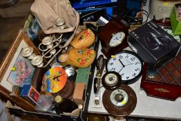 TWO BOXES AND LOOSE SUNDRY ITEMS, to include various clocks (London Clock Company, quartz mantel