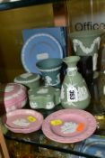 TEN PIECES OF WEDGWOOD JASPERWARE IN GREEN, PALE BLUE, PINK AND TEAL GREEN, including three