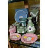 TEN PIECES OF WEDGWOOD JASPERWARE IN GREEN, PALE BLUE, PINK AND TEAL GREEN, including three