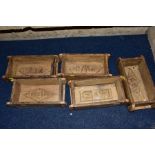 FIVE WOODEN AND METAL BOUND BRICKMAKERS MOULDS, all five with initials/numbers to the interiors,