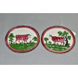 A PAIR OF EARLY 19TH CENTURY STAFFORDSHIRE POTTERY PLAQUES OF OVAL FORM, moulded in relief with a