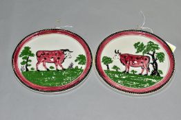 A PAIR OF EARLY 19TH CENTURY STAFFORDSHIRE POTTERY PLAQUES OF OVAL FORM, moulded in relief with a