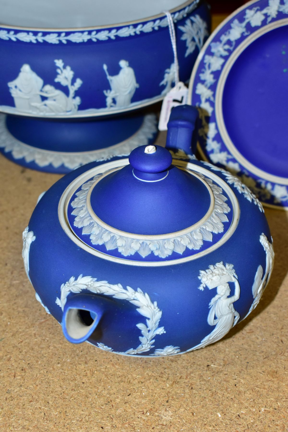 THREE PIECES OF WEDGWOOD BLUE JASPERWARE, comprising a pedestal fruit bowl, the applied decoration - Image 3 of 9