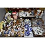 FIVE BOXES AND LOOSE CERAMICS AND GLASSWARE, ETC, including two damaged Royal Doulton figures, a