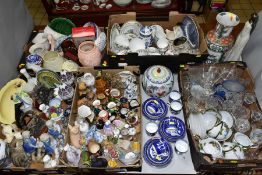 FIVE BOXES AND LOOSE CERAMICS AND GLASSWARE, ETC, including two damaged Royal Doulton figures, a