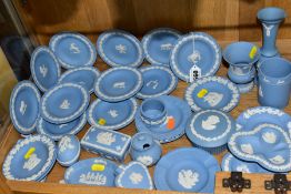 WEDGWOOD BLUE JASPERWARE TRINKETS AND VASES, etc, to include a set of twelve dishes from Zodiac