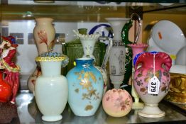 A GROUP OF LATE 19TH AND EARLY 20TH CENTURY COLOURED GLASSWARE, including a moulded green Art Deco