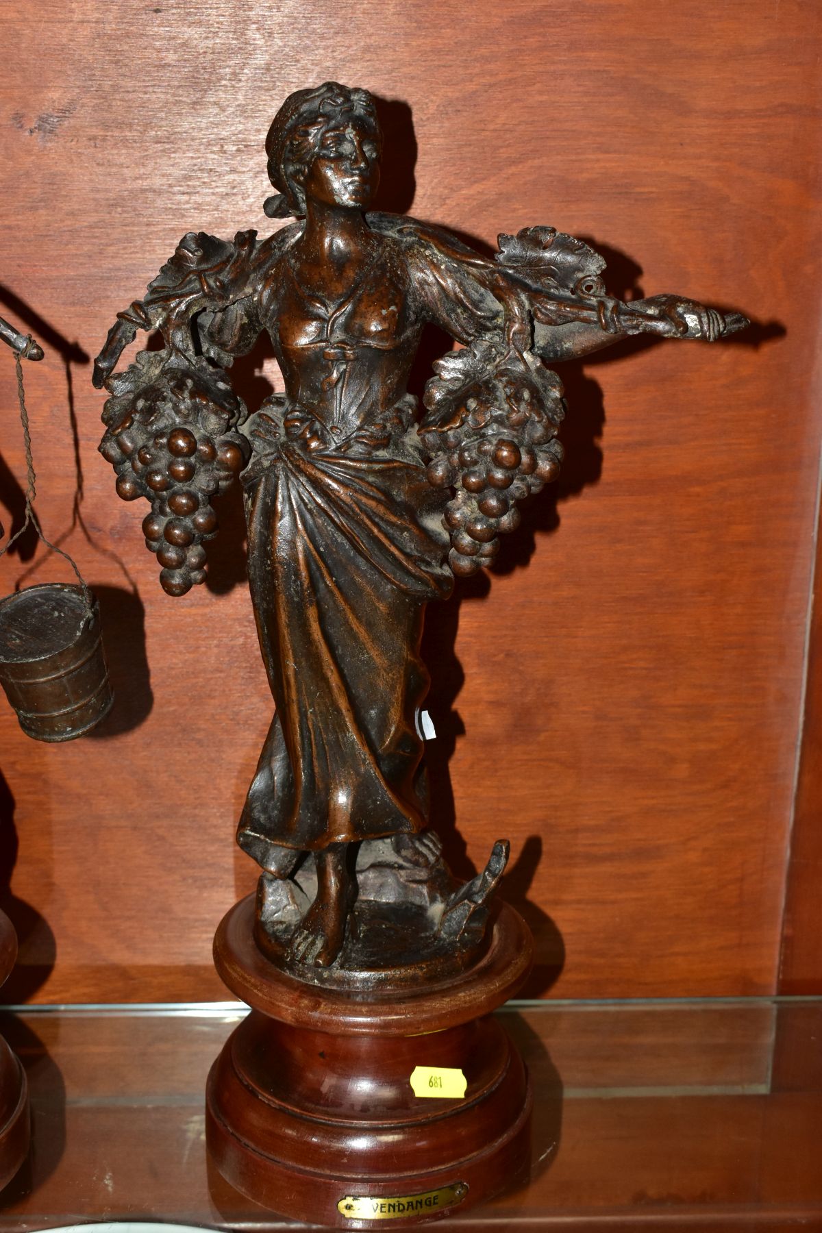 A PAIR OF BRONZED SPELTER FIGURES, the first depicts a female carrying grapes and vine titled - Image 2 of 8