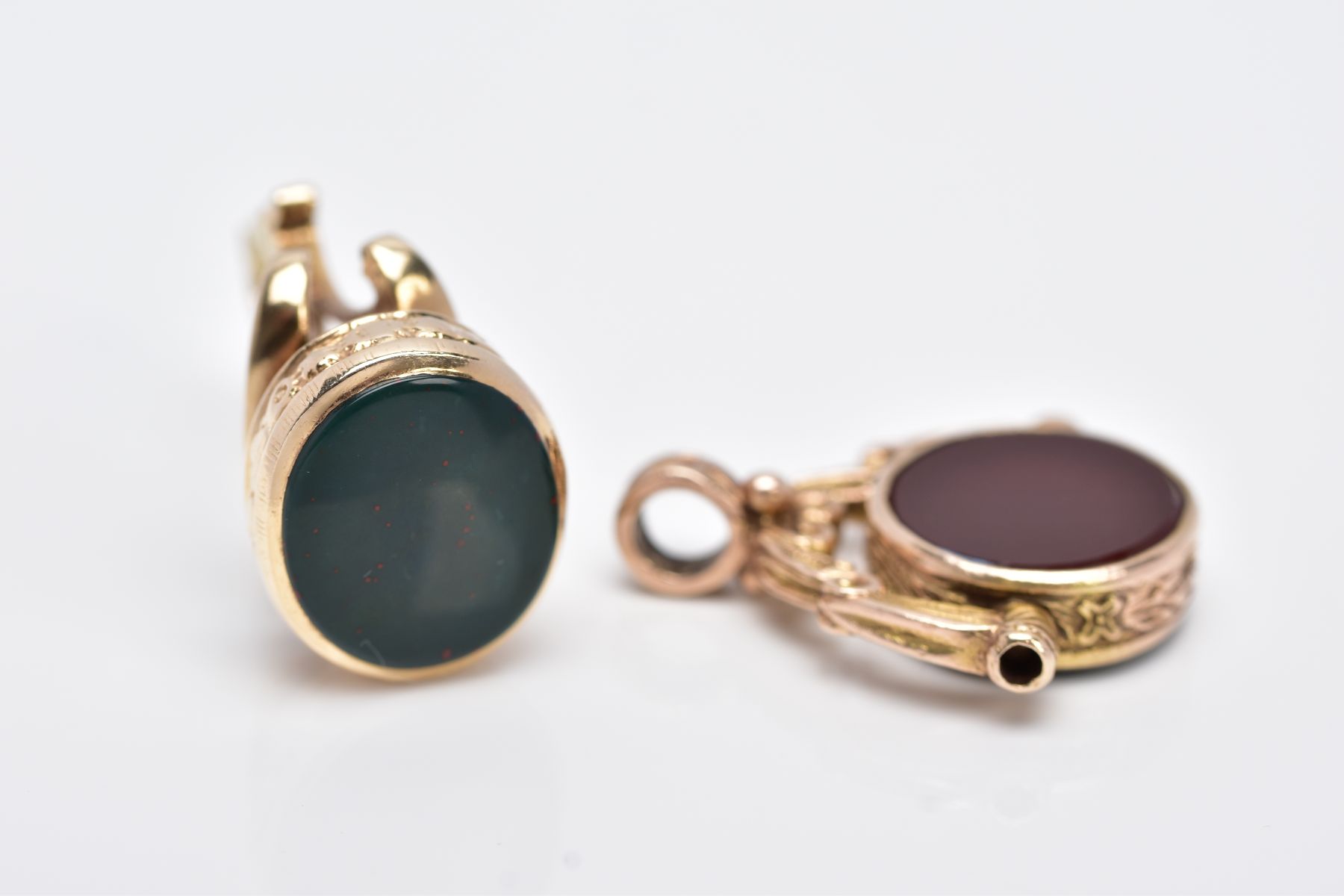 TWO 9CT GOLD SEMI PRECIOUS SET FOBS, the first a swivel fob pendant, set with circular carnelian and - Image 6 of 6