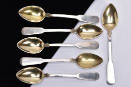 A SET OF SIX RUSSIAN, FIDDLE PATTERN TEASPOONS, each with a gilt bowl, engraved design to the