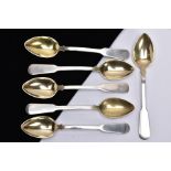 A SET OF SIX RUSSIAN, FIDDLE PATTERN TEASPOONS, each with a gilt bowl, engraved design to the