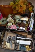 TWO BOXES AND LOOSE OF METALWARE, TREEN, MISCELLANEOUS ITEMS, ETC, including EPNS trays and galeried