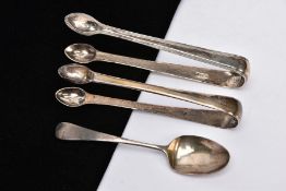 TWO PAIRS OF GEORGE III SUGAR TONGS AND A GEORGE III TEASPOON, the first pair of a plain polished