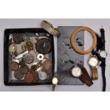 A BOX OF ASSORTED ITEMS, to include a Victorian silver sweetheart brooch of a circular form,