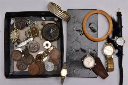 A BOX OF ASSORTED ITEMS, to include a Victorian silver sweetheart brooch of a circular form,